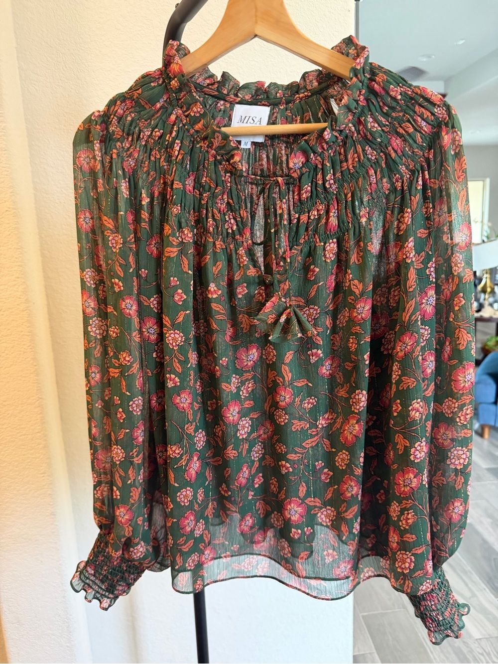 MISA Los Angeles Floral Metallic Smocked Neck Peasant Blouse Size M